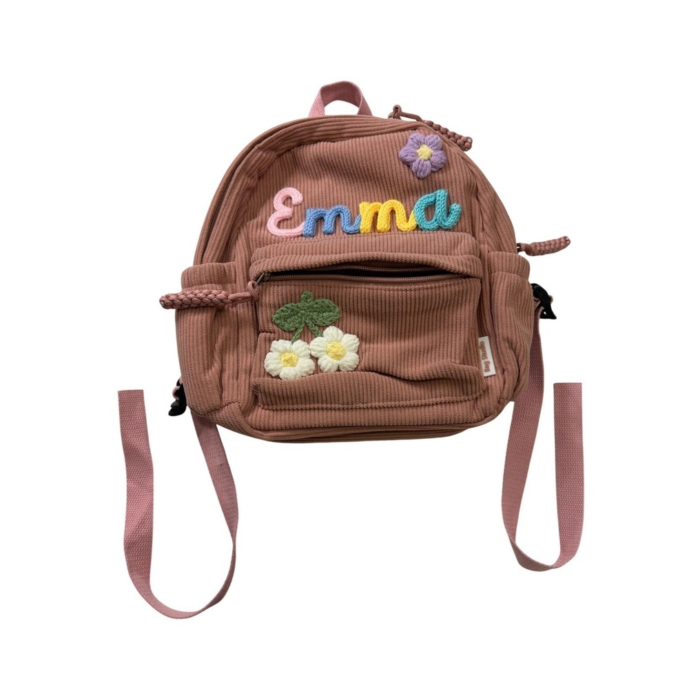 Bag Studio Emma Personalized Corduroy Mini Backpack Pink Crochet Flowers Cherry